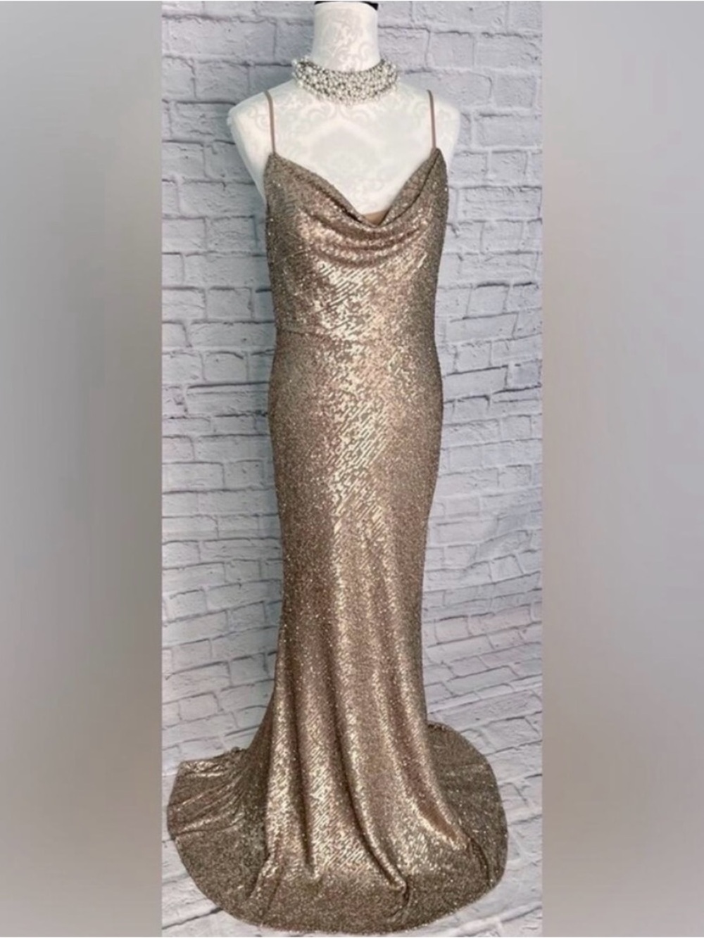 Christina Wu Spaghetti strap front cowl neck sequin gown new size 10